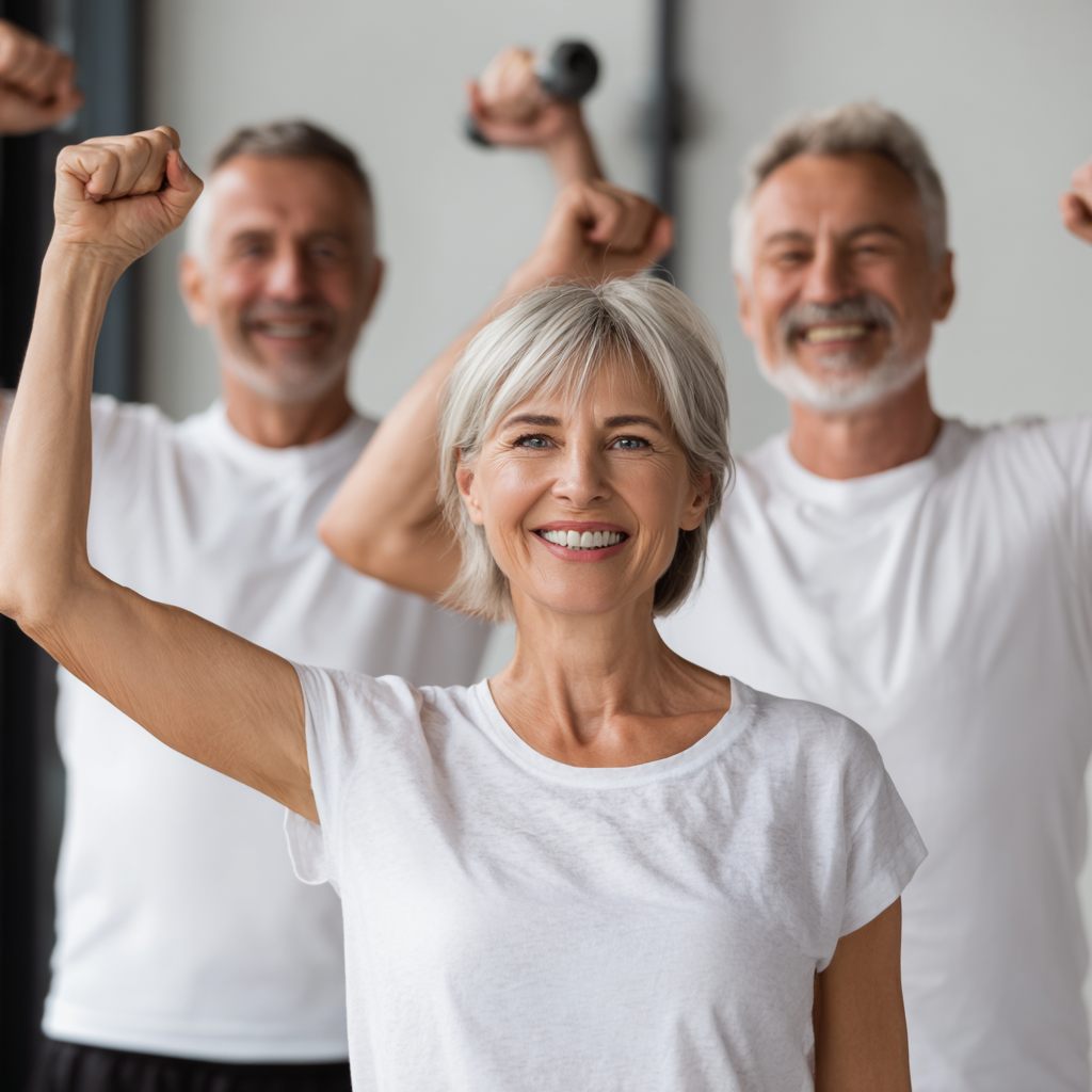 Group of white ukraninane satisfied middle-aged fitness program participants celebrating their achievements