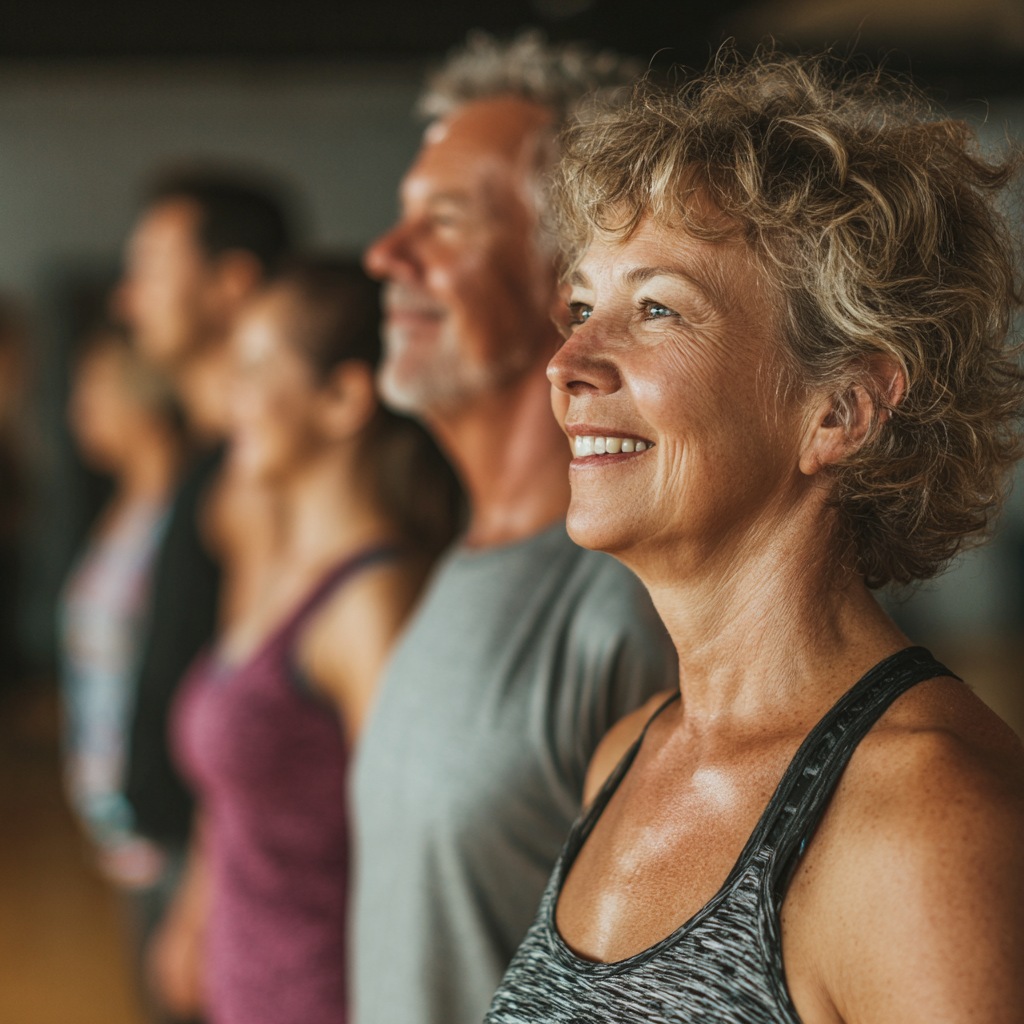 Middle-aged adults participating in guided fitness training session